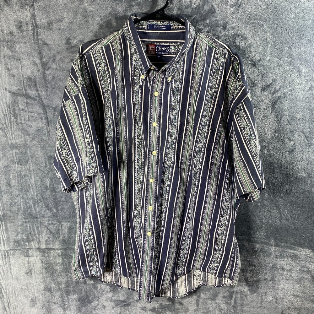 Vintage Ralph Lauren Chaps Shirt Men XL Button Down Floral Striped Short Sleeve